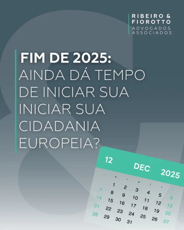 Muita gente deixa para depois… mas cidadania exige planejamento, organização e análise jurídica especializada.

Com as mudanças previstas para 2026 em processos de cidadania portuguesa, italiana e espanhola, iniciar agora significa:
✔️ evitar novas exigências,
✔️ entrar na fila antes dos ajustes legais,
✔️ e já começar o ano com tudo encaminhado.

Se você tem ascendência europeia ou quer entender qual caminho se aplica ao seu caso, esse é o momento perfeito para se programar.

📩 Entre em contato e comece 2026 com o seu processo estruturado — com segurança, clareza e acompanhamento profissional.