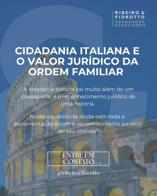 A cidadania italiana é o reconhecimento jurídico de um vínculo familiar 🇮🇹

O processo exige comprovação documental, respeito à ordem de descendência e interpretação correta da legislação italiana.

Na Ribeiro & Fiorotto Advogados Associados, atuamos desde a análise de elegibilidade até o acompanhamento integral do processo, com segurança jurídica e atenção aos detalhes.

Inicie seu processo com quem trata sua história com seriedade.

📩 Entre em contato pelo link na bio