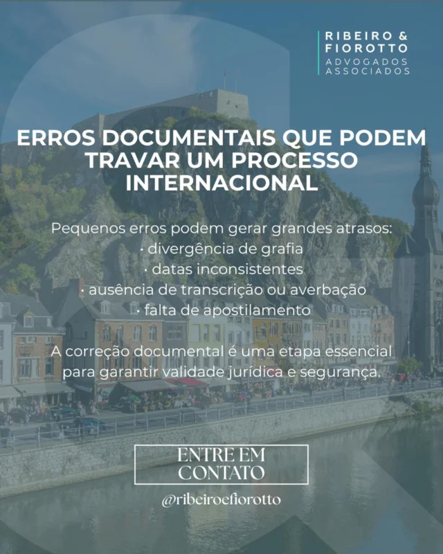 Erros documentais podem comprometer todo um processo internacional 🚨

Divergências de grafia, datas inconsistentes, ausência de registros ou apostilamentos não são meros detalhes formais — são fatores que impactam diretamente a validade jurídica e os efeitos legais do processo.

A análise técnica correta identifica falhas, orienta correções e garante segurança jurídica desde a origem documental.

📩 Entre em contato e evite atrasos desnecessários