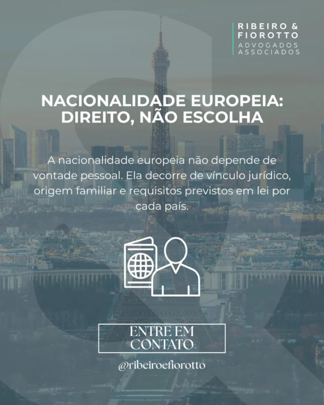 Nacionalidade europeia é direito, não escolha 📑
Ela decorre de vínculo jurídico, origem familiar e do cumprimento dos requisitos legais de cada país.

Portugal, Itália, Espanha e França possuem regras próprias e procedimentos específicos.🇵🇹🇮🇹🇪🇸🇫🇷
Por isso, a análise jurídica correta é essencial para identificar o direito e garantir segurança em todo o processo.

Conte com assessoria especializada para conduzir cada etapa com rigor técnico e segurança jurídica.

📩 Entre em contato e entenda como podemos te ajudar