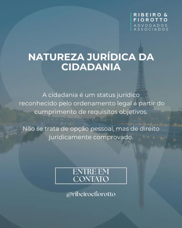 A cidadania possui natureza jurídica, não subjetiva. 🗒️
Trata-se de um status jurídico reconhecido pelo ordenamento legal a partir do cumprimento de requisitos objetivos e da devida comprovação documental.

Não é uma opção pessoal, mas um direito juridicamente comprovado, que exige análise técnica e rigor jurídico em cada etapa.

📩 Entre em contato para uma avaliação especializada.
@ribeiroefiorotto