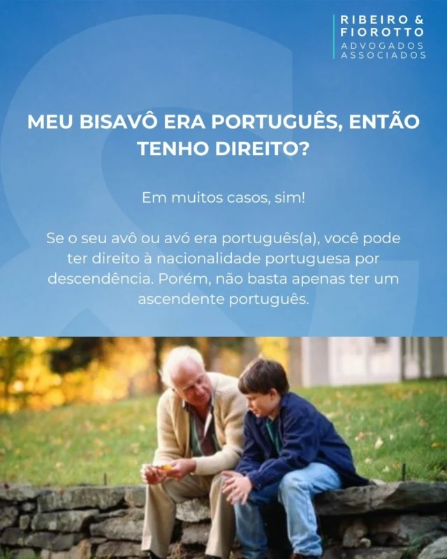 Muitas pessoas não sabem, mas a nacionalidade portuguesa pode ser transmitida por descendência. 🇵🇹

Cada caso precisa ser analisado individualmente para verificar se os requisitos legais são atendidos e qual o melhor caminho para o reconhecimento da nacionalidade.

Tem dúvidas sobre o seu caso? Entre em contato conosco. #nacionalidade #nacionalidadeportuguesa #direito