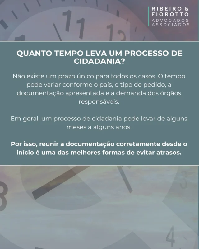 ⏳ Quanto tempo leva um processo de cidadania?

O prazo varia conforme o país, o tipo de processo, a documentação e a via escolhida.

Não existe um tempo único para todos os casos! Afinal, cada pedido tem suas particularidades. 📄

Quer entender o prazo estimado para o seu caso? Entre em contato com a Ribeiro & Fiorotto. ⚖️

#Cidadania #Nacionalidade #DireitoInternacional #RibeiroEFiorotto