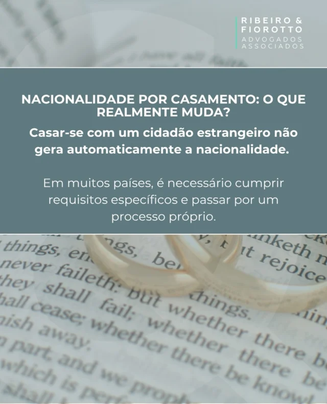 Casar com um cidadão estrangeiro não significa adquirir automaticamente a cidadania daquele país. 🤔🌍

A obtenção da nacionalidade por casamento depende do cumprimento de requisitos legais específicos, que podem variar conforme a legislação de cada país, como tempo de casamento, residência, comprovação do vínculo e outros critérios previstos em lei.

Cada caso precisa ser analisado individualmente.

Tem dúvidas sobre o seu caso ou quer entender quais caminhos estão disponíveis para você? Entre em contato com a Ribeiro & Fiorotto e fale com a nossa equipe.

#Nacionalidade #Cidadania #Casamento #DireitoInternacional #Ribeiro&Fiorotto