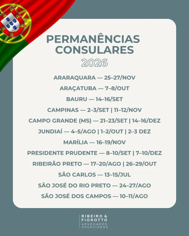 Permanências Consulares 2026🇵🇹
O calendário de permanências consulares já está disponível, com atendimentos previstos em diferentes cidades ao longo de 2026!

A Ribeiro & Fiorotto Advogados Associados pode auxiliar na análise do seu caso, na organização da documentação e na orientação de cada etapa do processo.

📩 Tem dúvidas sobre o seu processo? Entre em contato com a nossa equipe e entenda qual é o melhor caminho para o seu caso.

#RibeiroEFiorotto #NacionalidadePortuguesa #CidadaniaPortuguesa #Portugal #DireitoInternacional