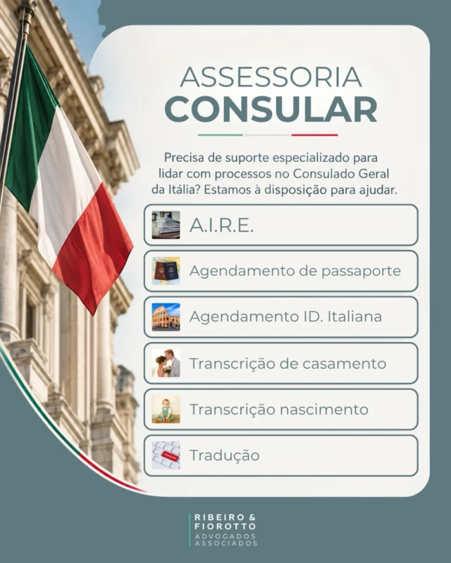 🇮🇹 Precisa de ajuda com seus procedimentos consulares italianos?

A Ribeiro & Fiorotto Advogados Associados oferece assessoria para orientar você e auxiliar na organização de cada etapa:

📌 A.I.R.E.
📌 Agendamento de passaporte e identidade italiana
📌 Transcrição de casamento e nascimento
📌 Traduções

Conte com suporte especializado para cuidar da sua documentação com mais clareza e segurança.

💬 Entre em contato pelo direct e nos conte o que você precisa!

#RibeiroEFiorotto #AssessoriaConsular #CidadaniaItaliana #ConsuladoItaliano #aire